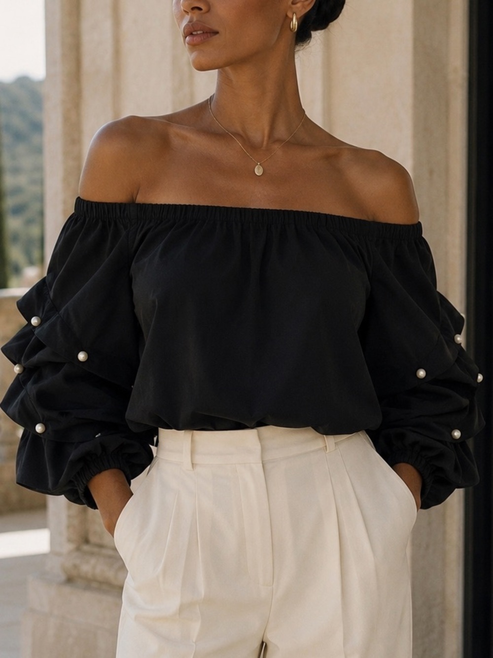 CeCe Black Off-the-Shoulder Pearl-Trim Puff Sleeve Blouse